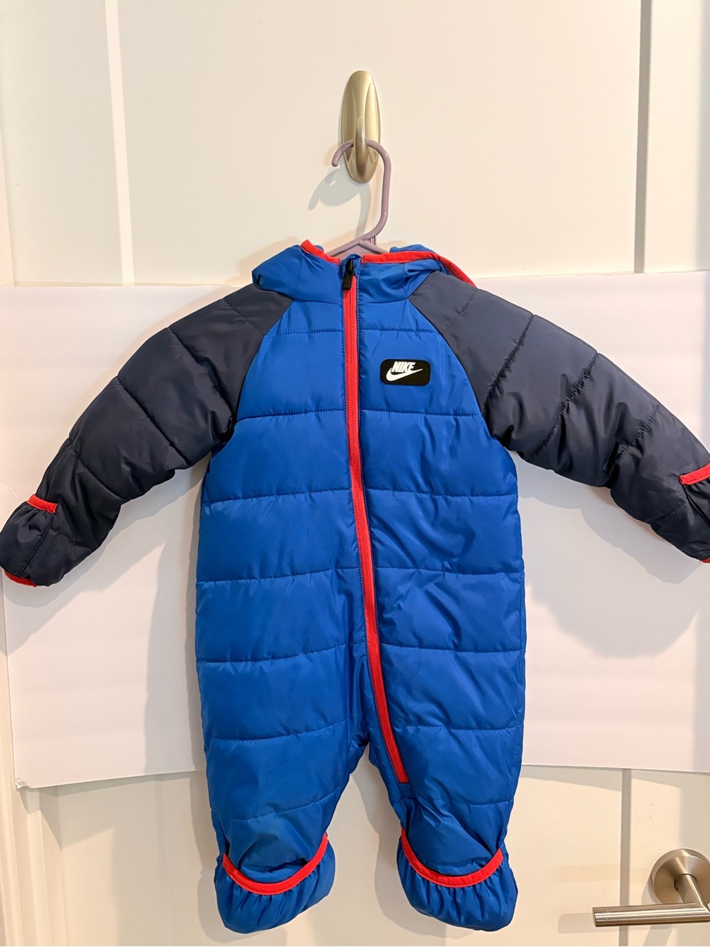 Nike Kids Blue and Navy Insulated One-Piece Footie with Red Trim